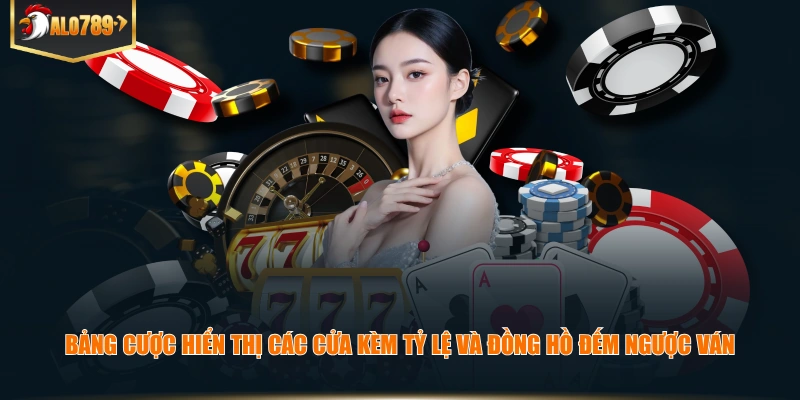 Bảng cược hiển thị các cửa kèm tỷ lệ và đồng hồ đếm ngược ván