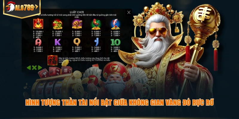 Nổ Hũ Thần Tài – Tìm Hiểu Trò Chơi Chủ Đề Tài Lộc Hình tượng Thần Tài nổi bật giữa không gian vàng đỏ rực rỡ.
