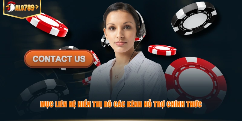 Mục liên hệ ALO789 hiển thị rõ các kênh hỗ trợ chính thức